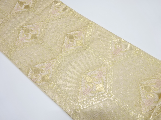 亀甲に向かい鶴・花模様織り出し袋帯